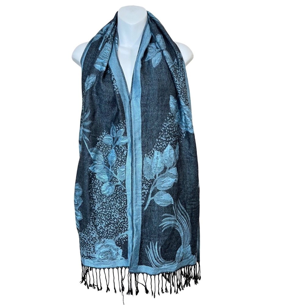 Unbranded Poncho Shawl Women OS Blue Reversible Jacquard Floral Peacock Fringe